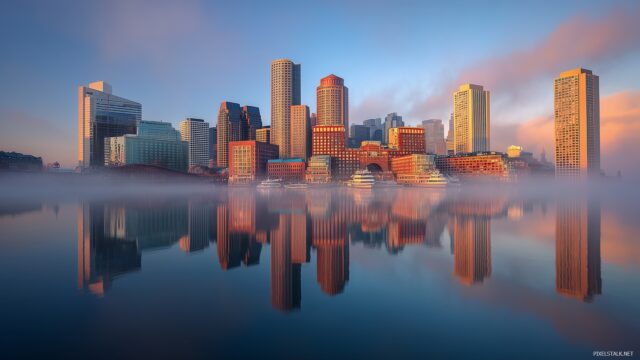 Boston Skyline Wallpaper High Quality, Serene Morning Skyline Of Boston With Fog Rolling Over The Buildings And Soft Sunlight Piercing Through