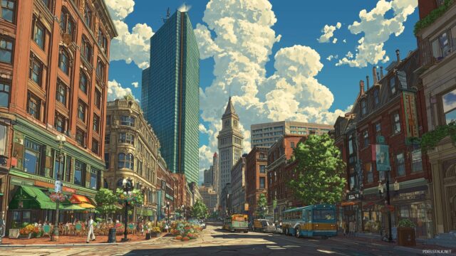 Boston Skyline Wallpaper High Resolution, Dynamic Perspective Of The Boston Skyline With A Bustling Street View In The Foreground