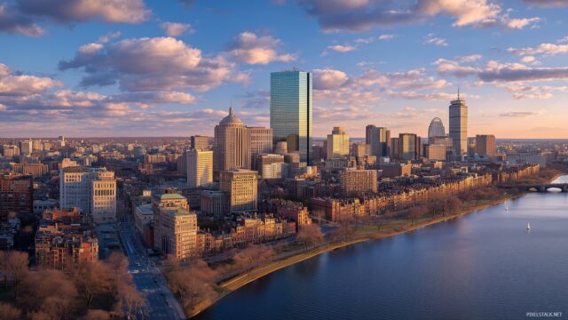 Boston Skyline High Resolution Wallpaper, A Panoramic View Of The Boston Skyline During Golden Hour With Clear Skies And Beautiful Light