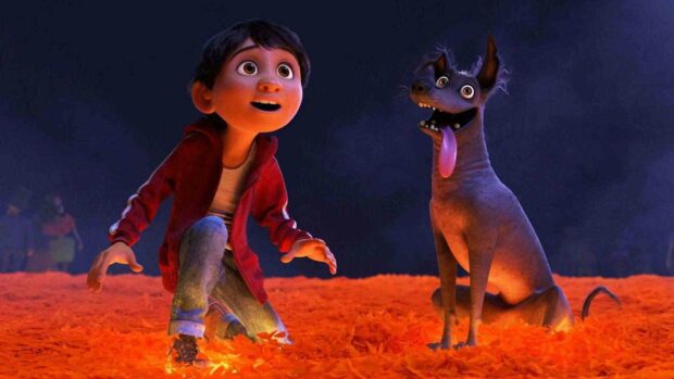 A boy kneeling beside a happy dog surrounded by glowing orange petals in a Coco cartoon wallpapers, HD Desktop Wallpaper