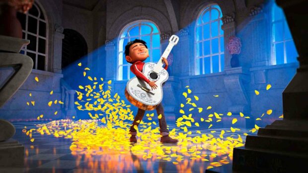 A boy joyfully plays a white guitar among glowing yellow petals in a bright room, HD Desktop Wallpaper