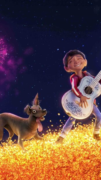 A boy is happily playing guitar next to his excited dog on glowing autumn leaves under a starry night sky in Coco Cartoon Wallpapers, 2K Phone Wallpaper