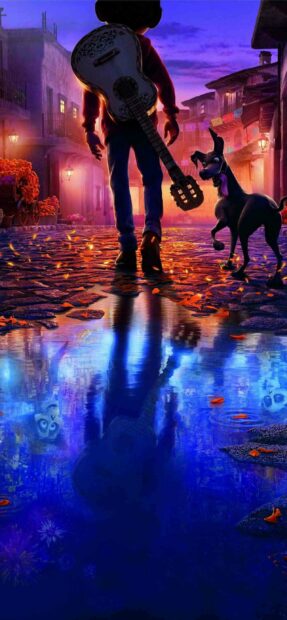 A boy carrying a guitar and walking with a dog through a colorful street at sunset in Coco cartoon wallpapers, 2K Phone Wallpaper