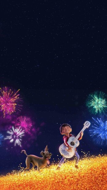 A boy happily playing guitar with his dog under colorful fireworks in the night sky, 2K Mobile Wallpaper