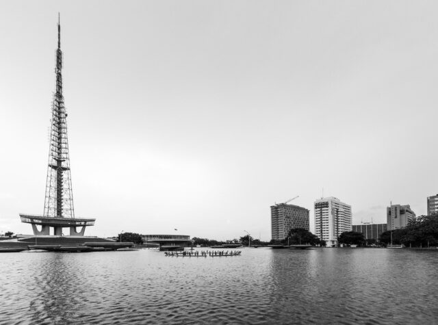 Brasilia Skyline Reflection In Water Black And White Wallpaper