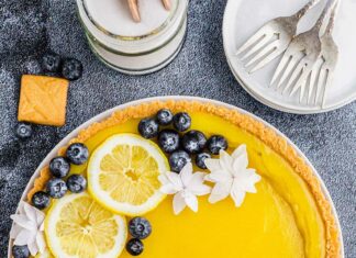 Bright Lemon Tart with Blueberries and Flowers on Dark Background Tart Wallpapers