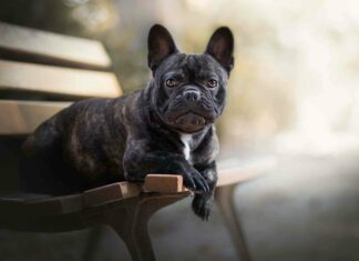 A brindle bulldog is calmly resting on a wooden park bench with a soft background, 2K Desktop Wallpaper