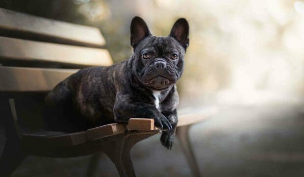 A brindle bulldog is calmly resting on a wooden park bench with a soft background, 2K Desktop Wallpaper