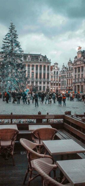 A crowded city square in Brussels decorated with a large Christmas tree during winter, 2K Mobile Wallpaper