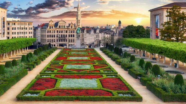 The Brussels Wallpapers show a stunning garden with sculpted hedges and historic buildings in the background during sunset, 4K Desktop Wallpaper