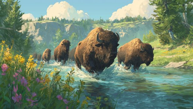 Buffalo desktop backgrounds, a herd of buffalo crossing a river, surrounded by lush greenery and wildflowers, conveying a sense of adventure.