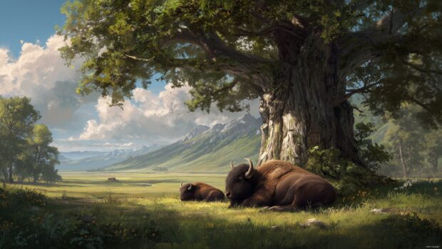 Buffalo desktop backgrounds, a peaceful scene of buffalo resting under a large tree in the shade during a hot summer day.