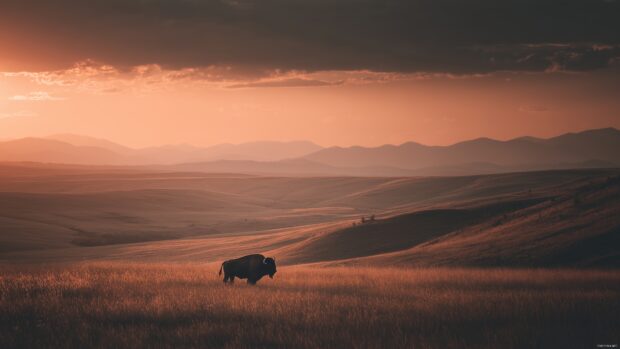 Buffalo desktop wallpaper, a majestic lone buffalo standing against a backdrop of rolling hills and an expansive sunset.