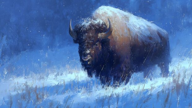 Buffalo desktop wallpaper, a powerful buffalo in a snow covered landscape, evoking a sense of winter tranquility and beauty.