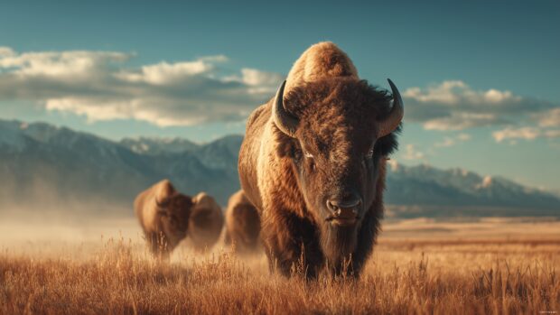 Buffalo desktop wallpaper, majestic buffalo roaming on an open prairie under a clear blue sky, warm sunlight illuminating their fur.