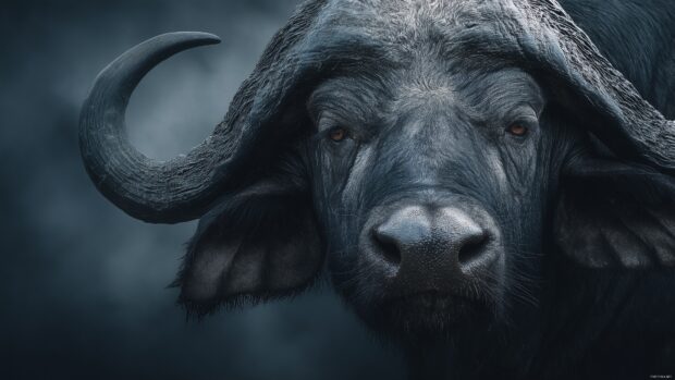 Buffalo desktop wallpaper, portrait of a buffalo with unique horn shapes and detailed facial features, highlighting its majesty.