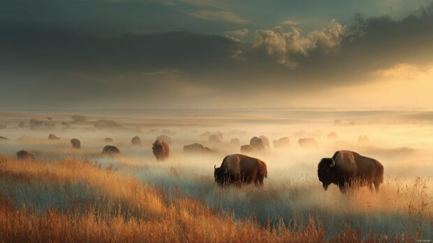 Buffalo images for desktop, a panoramic view of a vast plains filled with buffalo at dawn, bathed in soft golden light.