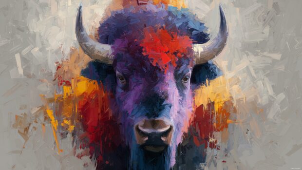 Buffalo images for desktop, colorful buffalo in an abstract art style, merging realism with artistic interpretation.