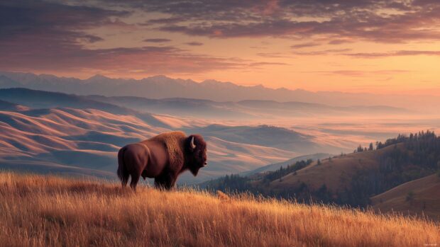 Buffalo wallpaper download, a majestic buffalo standing proudly on a hilltop, with rolling hills and a stunning sunset in the background.