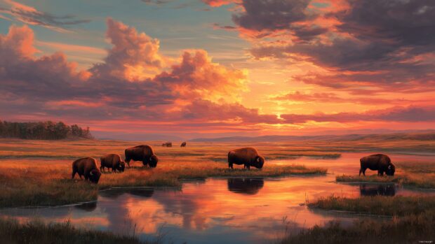 Buffalo wallpaper for desktop, a serene landscape featuring a group of buffalo grazing peacefully at sunset, vibrant colors reflecting on the horizon.