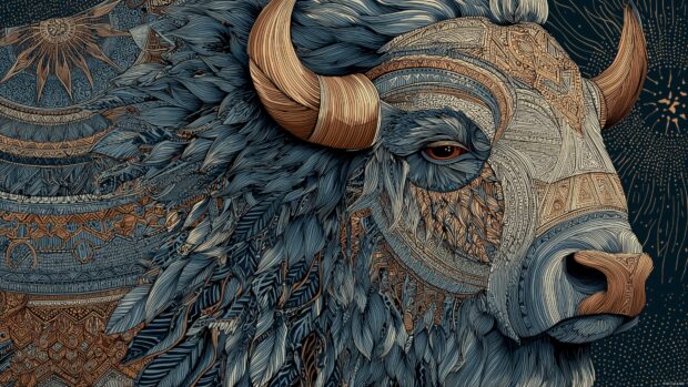 Buffalo wallpaper for desktop, an artistic representation of a buffalo with intricate patterns and textures, creating a dynamic visual experience.