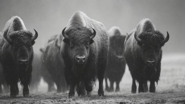 Buffalo wallpaper for desktop, buffalo banding together during a storm, showcasing the resilience and unity of these creatures.