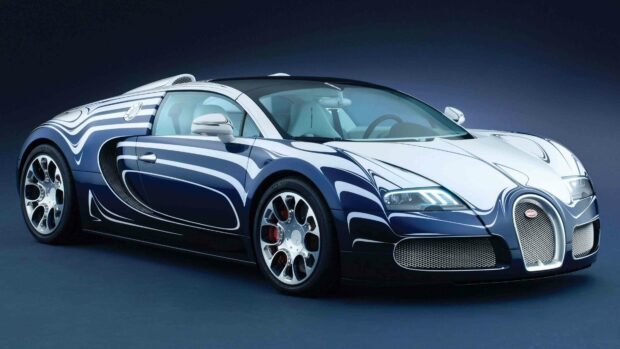 A blue and white Bugatti Veyron is shown from the front side with detailed rims, 4K Desktop Wallpaper