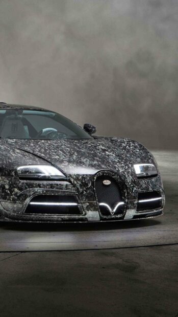 A Bugatti Veyron with a distinctive textured pattern is shown from the front in a studio setting, 2K Mobile Wallpaper
