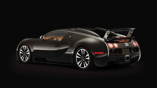 A sleek black Bugatti Veyron is shown from the side and rear angles highlighting its aerodynamic shape, 4K Desktop Wallpaper