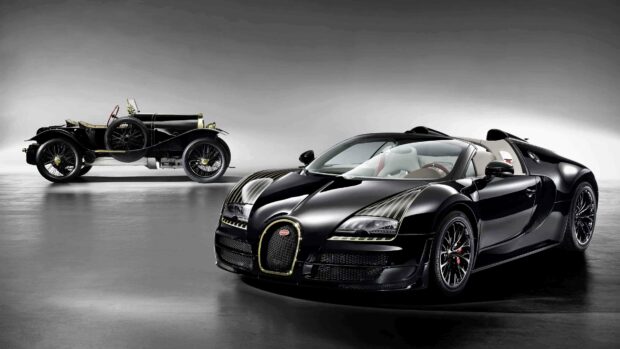 A black Bugatti Veyron is showcased beside a vintage car highlighting both modern and classic automotive design, 4K Desktop Wallpaper