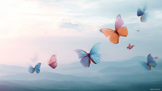 Butterfly Aesthetic Wallpaper HD, soft watercolor style butterflies soaring over dreamy landscapes, perfect for a relaxing vibe.