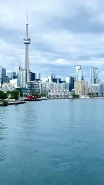 The CN Tower in Canada stands tall among city buildings near the water, 4K Phone Wallpaper