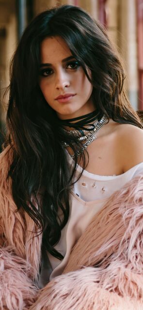 Camila Cabello Close Up Portrait Wearing Pink Fur Coat And Layered Necklaces Wallpaper