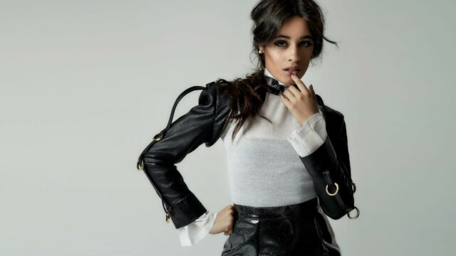 Camila Cabello Stylish Pose In Black Leather And White Top High Quality Wallpaper