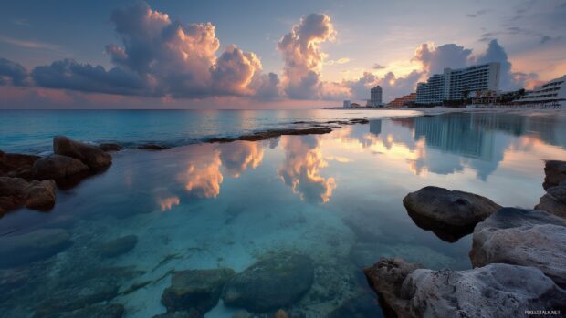 Cancun Coastal Wallpapers HD, A serene early morning image showcasing Cancun seascape with calm waters reflecting the sky.