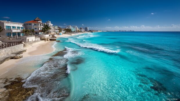 Cancun Ocean Desktop Wallpapers HD, A lovely coastal view with vibrant blue ocean and white sand, inviting tranquility and relaxation.