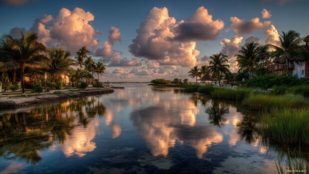 Cancun Serene Wallpapers HD, An elegant image of Cancun calm waters reflecting the stunning sky, surrounded by lush landscapes.