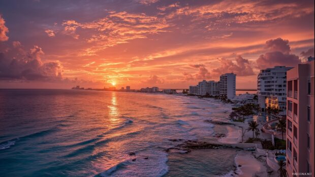 Cancun Sunset Wallpapers, A stunning view of the sun dipping below the horizon, painting the sky in shades of orange and pink over Cancun.