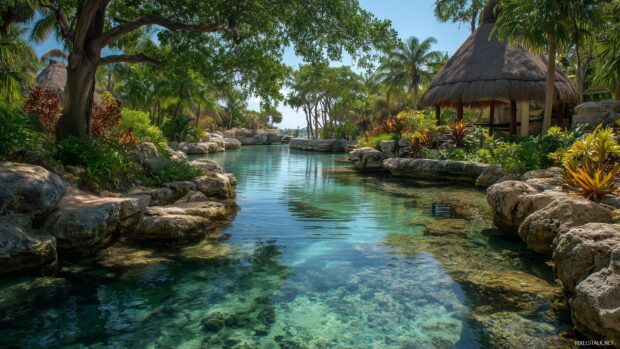 Cancun Tropical Paradise, An enchanting setting of exotic plants and crystal clear waters, illustrating the beauty of Cancun.