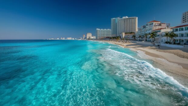 Cancun Wallpapers HD, A breathtaking view of Cancun azure waters lapping against soft white sands under a clear blue sky.