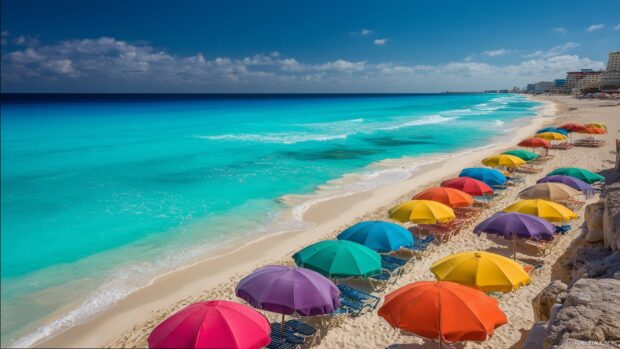 Cancun Wallpapers HD, A bright and cheerful beach scene in Cancun, featuring colorful beach umbrellas and crystal waters.