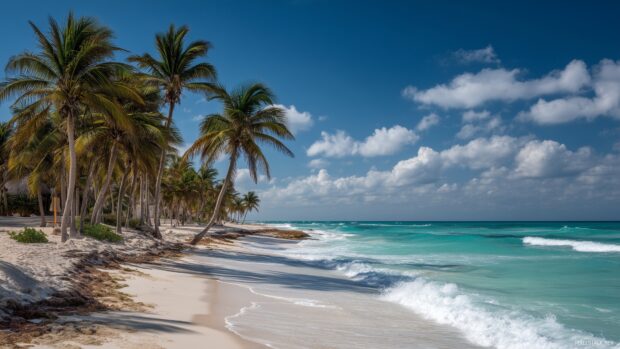 Cancun Wallpapers HD, A tranquil representation of a quiet beach in Cancun, bordered by swaying palm trees and soft waves.