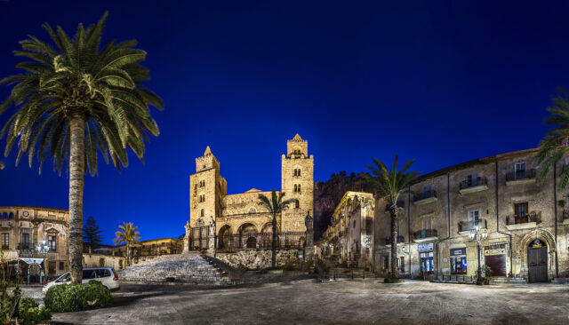 Cefalu Cathedral Night Scene Italy Scenic Wallpaper