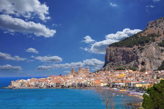 Cefalu Coastal View Bright Blue Sky Sicily Wallpaper