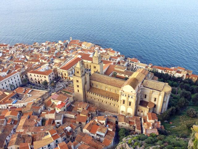 Cefalu Coastal View Cathedral And Sea Panorama Wallpaper