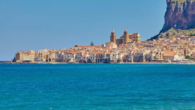 Cefalu Coastal View Italy Charming Seaside Town Wallpaper