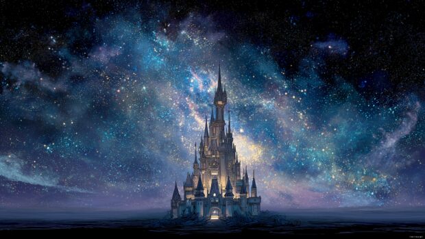 Celestial Disney Castle Backgrounds, a celestial themed castle rising into the sky, adorned with stars and cosmic elements, evoking a sense of wonder.