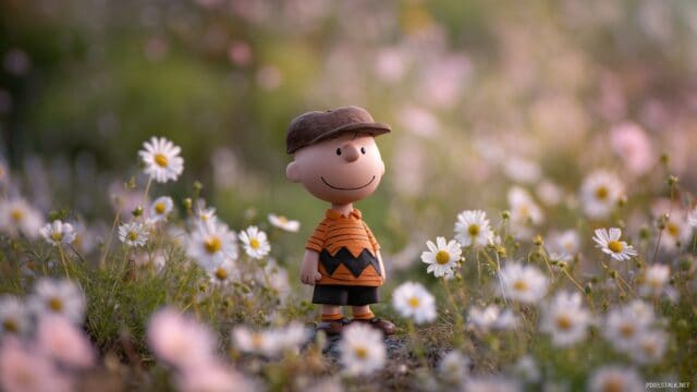Charlie Brown Desktop Wallpaper High Resolution, Charlie Brown Standing Proudly In A Field Of Daisies, With A Soft Focus Background Of Spring Flowers