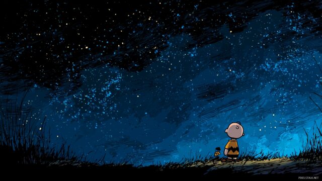 Charlie Brown Desktop Wallpaper Free Download, A Nighttime Scene Of Charlie Brown Gazing At The Stars, With A Dreamy And Tranquil Atmosphere