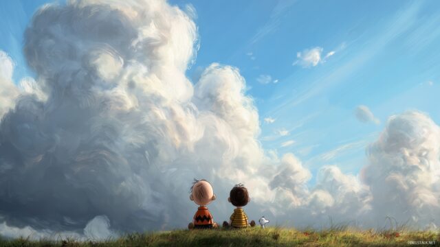 Charlie Brown HD Wallpaper Free Download, An Enchanting Image Of Charlie Brown And Linus Watching Clouds Together, With A Bright And Sunny Sky